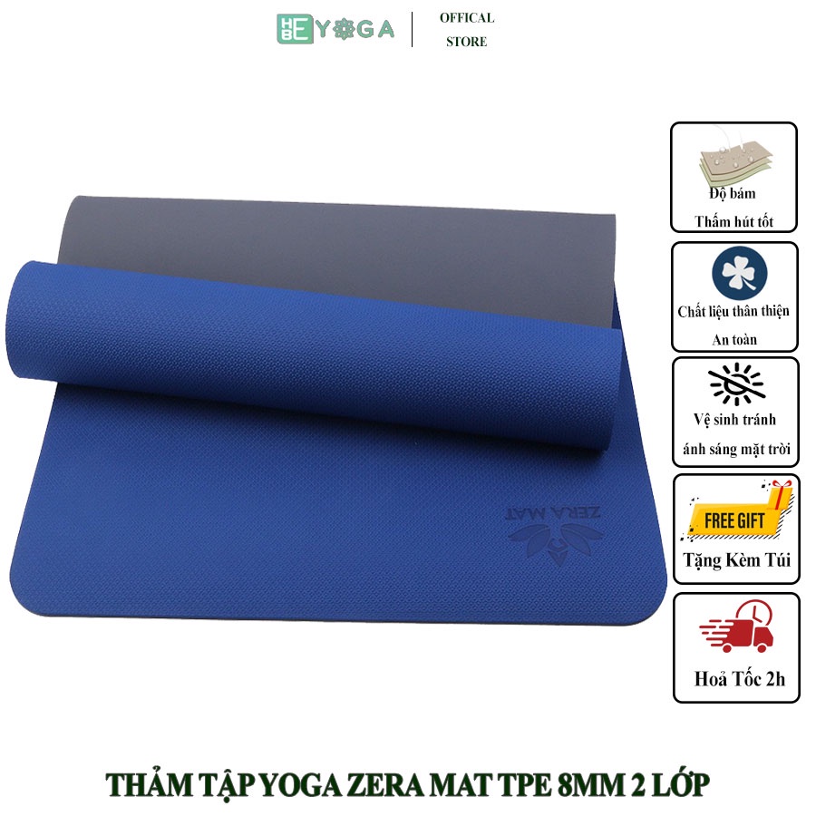 Thảm Tập Yoga TPE Zera Mat 2 Lớp 8mm Màu Xanh Coban Kèm túi