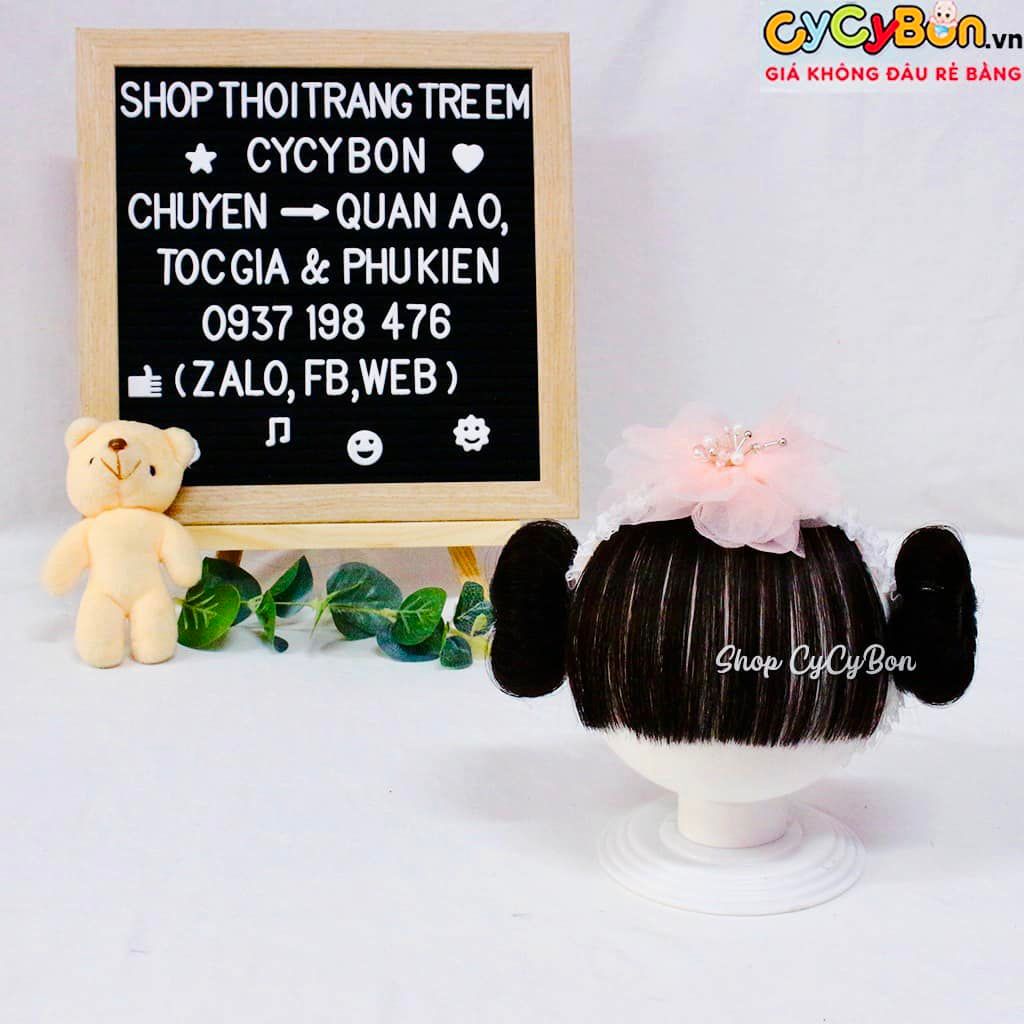 Băng Đô Cho Bé Bông Voan Màu Hồng Phấn Kèm Tóc Mái Và Búi 2 Bên
