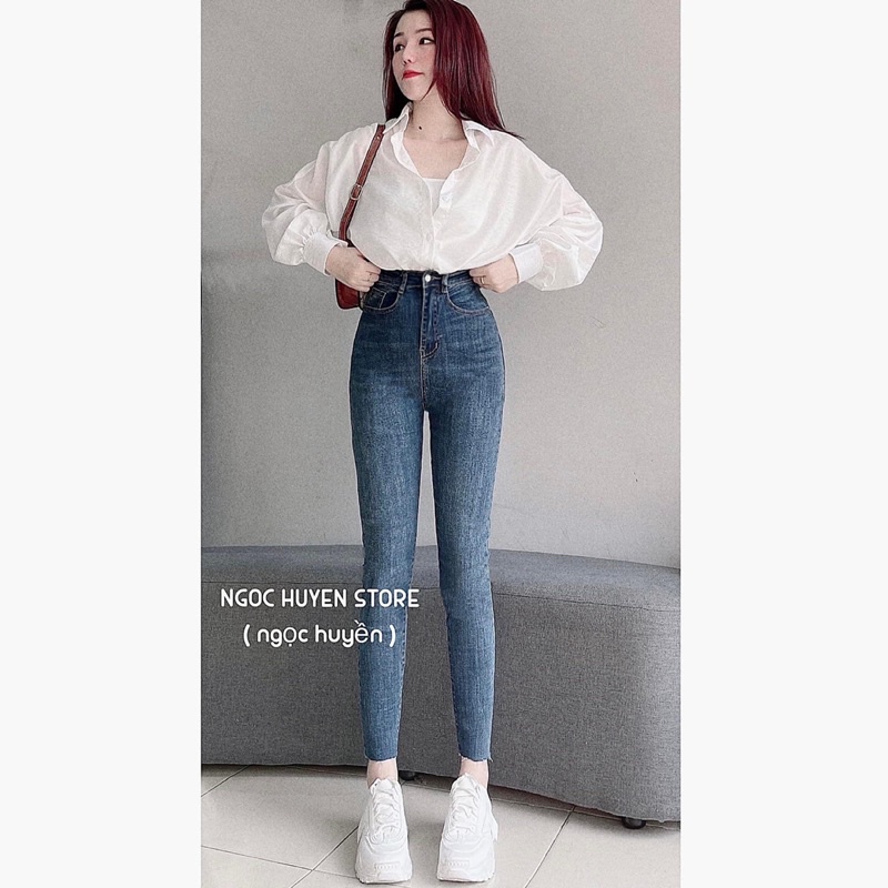 Set jeans dài co giãn tua lai + sơ mi cặp