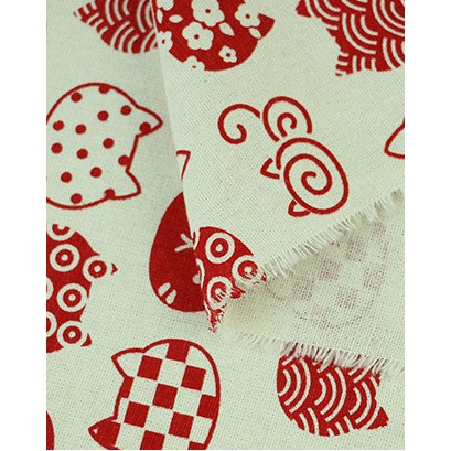 Vải linen họa tiết Mèo kitty đỏ V-F07