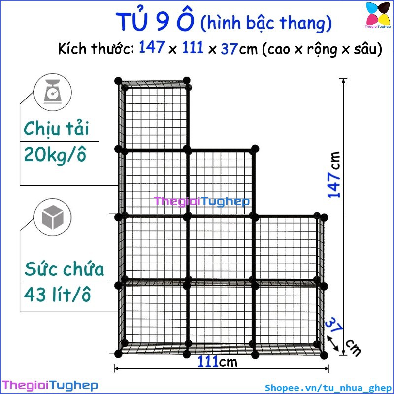 Tủ lưới sắt lắp ghép đa năng hiện đại để sách, đồ dùng trang trí phòng làm việc 9 ô bậc thang