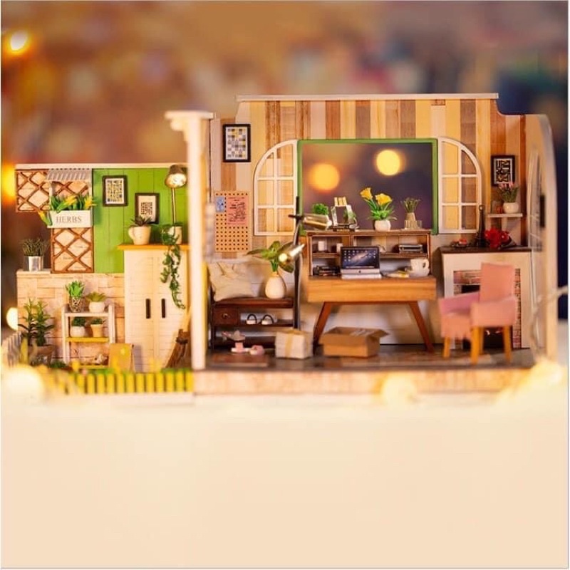 (Tặng mica,keo sữa,đèn)Mô hình nhà búp bê bé tự ráp đô chơi diy dollhouse H001