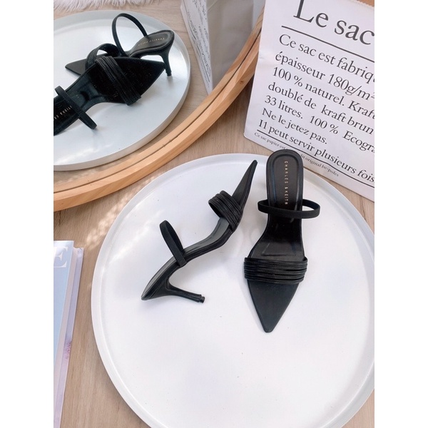 Sandal nữ cao gót mũi nhọn đen basic 7cm