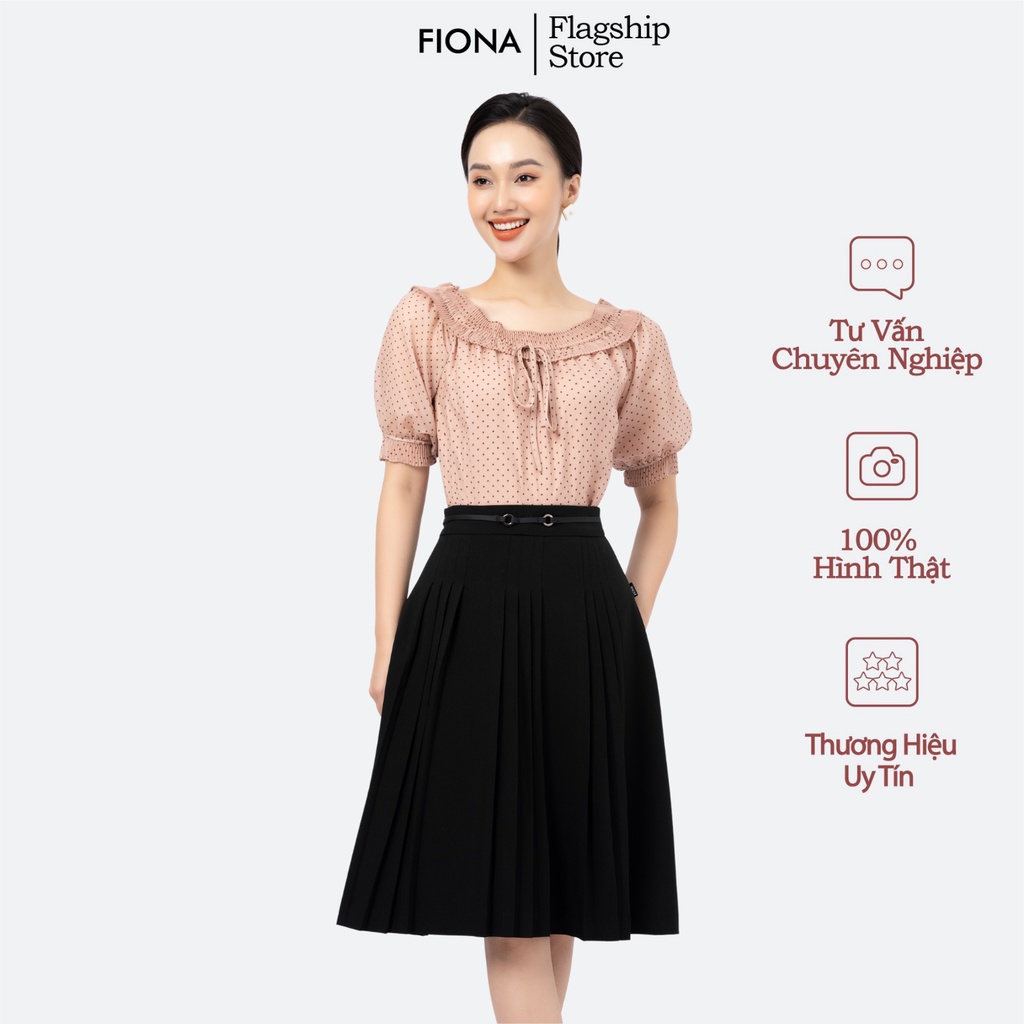 Sơ mi sáng suông họa tiết chấm bi nâu chun cổ và tay kẹp bèo dập nhăn FIONA F551220