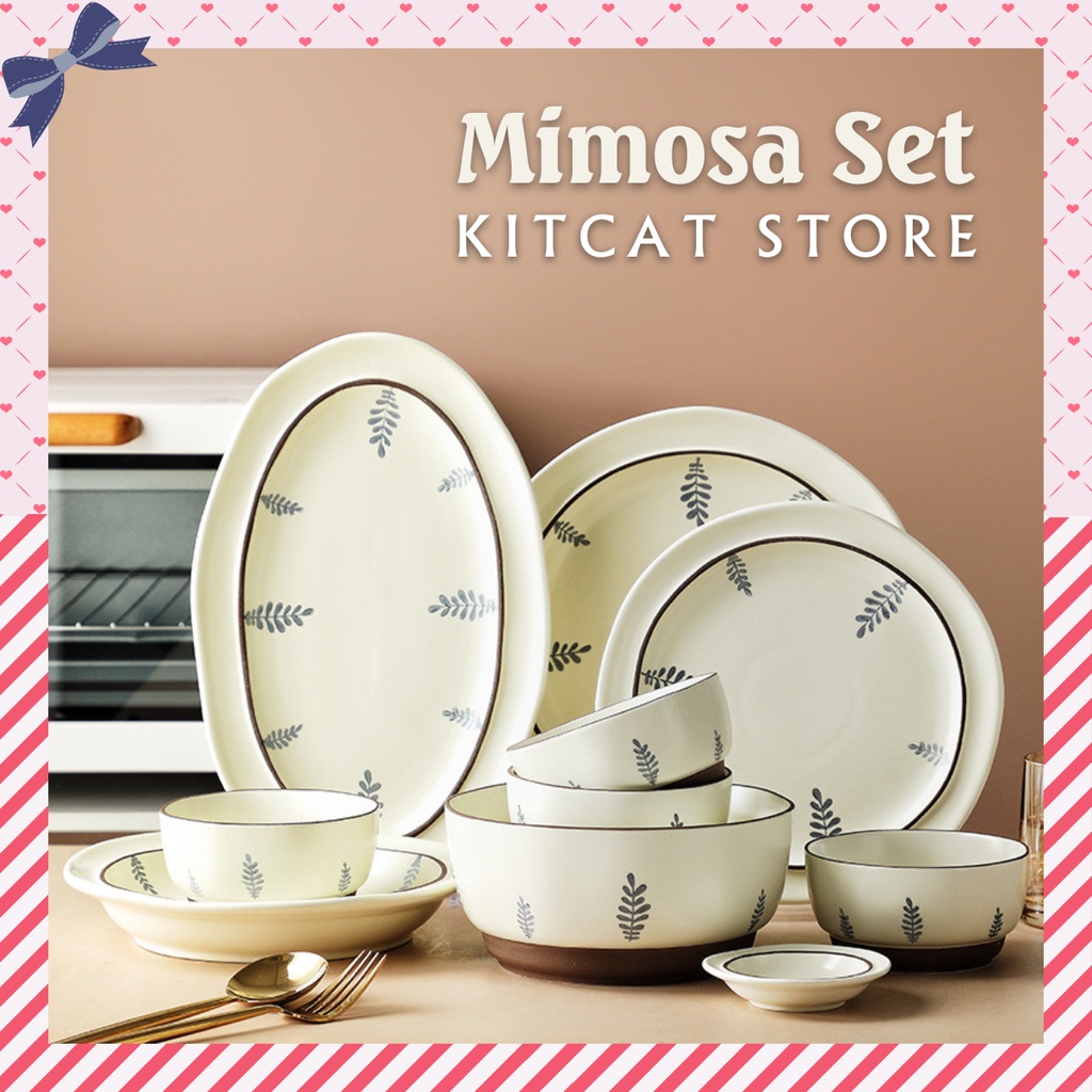 Bộ bát đĩa sứ đẹp tráng men cao cấp màu kem viền nâu họa tiết lá cây vintage - KITCAT STORE