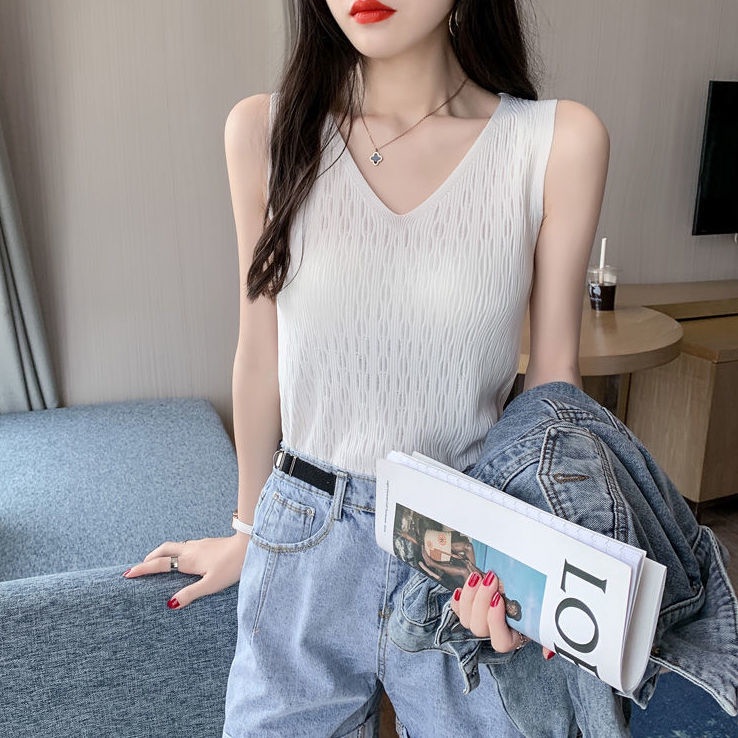 Áo dệt kim cổ v không tay cho nữ