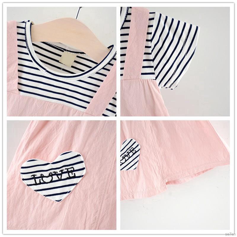 Set áo thun kẻ sọc phối chân váy yếm xinh xắn cho bé gái