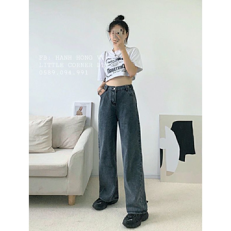 Quần baggy jean xám ống suông dài tua lai phủ chân 102cm lưng siêu cao phối nút hông ulzzang quảng châu kèm ảnh thật