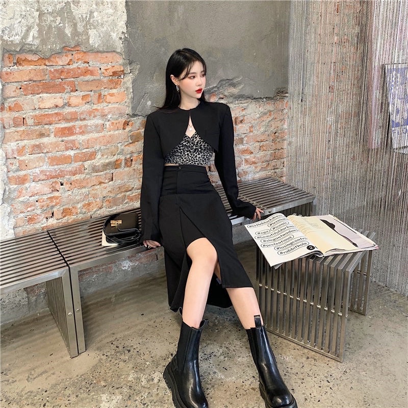 Set áo khoác ngắn dài tay+áo 2 dây croptop+váy đen xẻ tà cá tính phong cách ulzzang SAM SAM BOUTIQUE