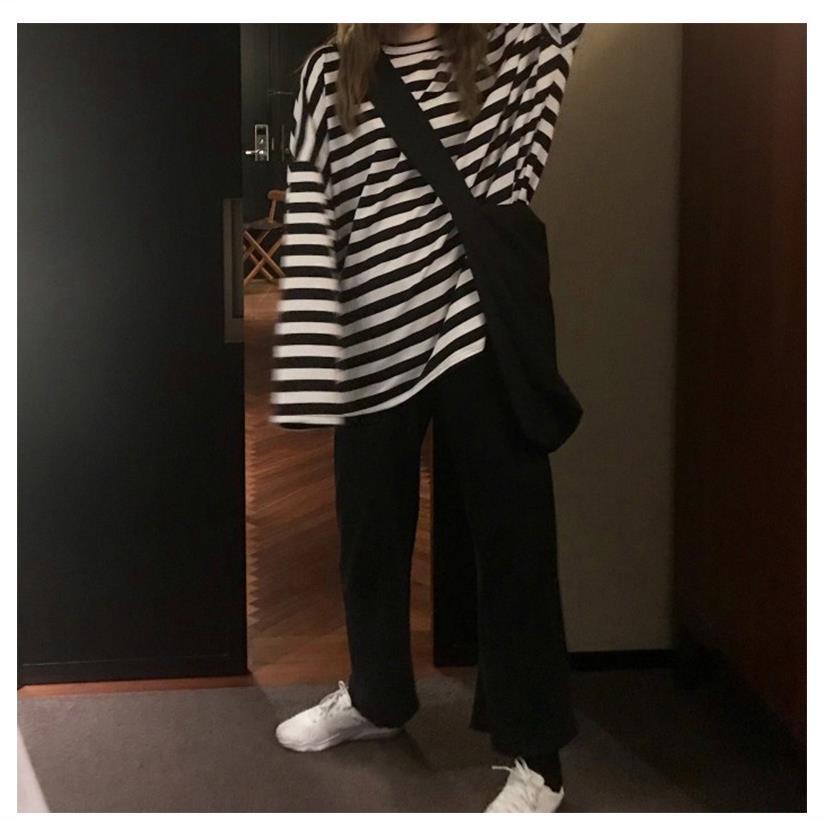 Jiashucheng Áo Thun Nữ Dài Tay Sọc Ngang Trắng Đen Thời Trang