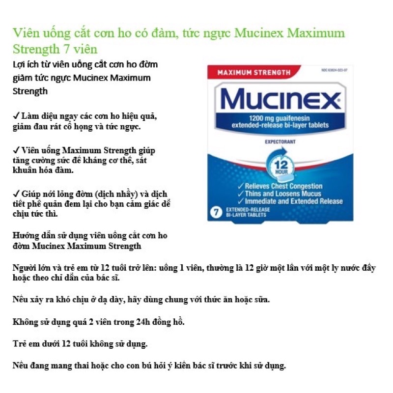 mucinex 28 viên giảm ho ,long đườm, đau họng tức ngực