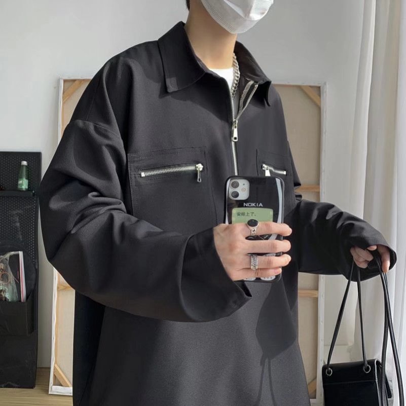 ♞AFF LIGA♞ Áo Sơ Mi Tay Dài Dáng Rộng Màu Trơn Phối Túi Đơn Giản Thời Trang Hàn Quốc Mới Cho Nam