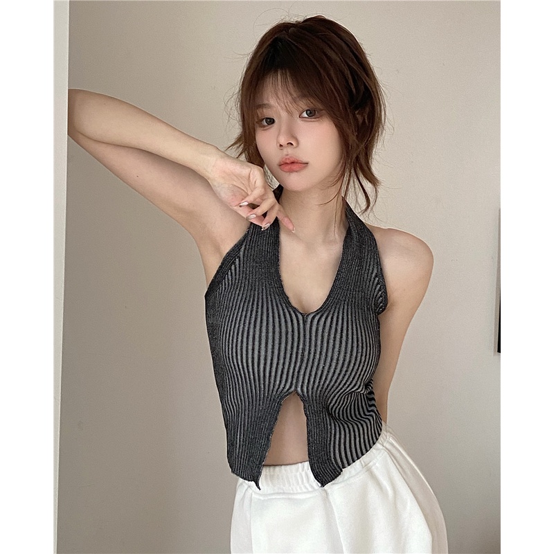 Áo Dệt Kim Cổ Yếm Dáng Ngắn Thời Trang Hàn Quốc Quyến Rũ Cho Nữ