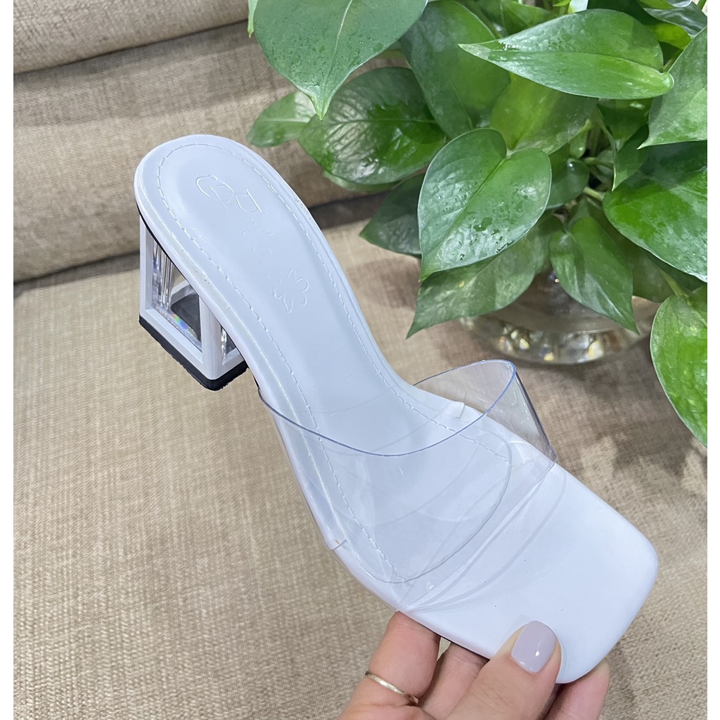 Guốc da bóng quai mica vát trơn gót khung hộp cùng màu - 7P