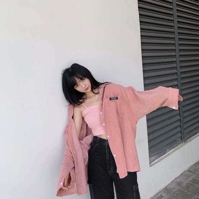 Set áo sơ mi nhung gân mix áo thun 2 dây