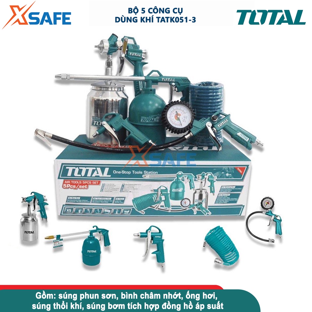 Bộ 5 công cụ dùng khí TOTAL TATK051-3, dụng cụ xịt hơi 5 chi tiết gồm dây hơi PU, súng thổi khí, súng phun sơn, bơm lốp