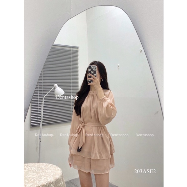 Set váy áo lụa đai hồng, kèm quần sooc lụa-203ase2- đenta shop
