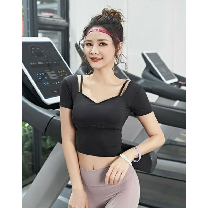 Áo Croptop tập gym ngắn tay 015 dây vai KMA có đệm ngực hàng nhập cao cấp