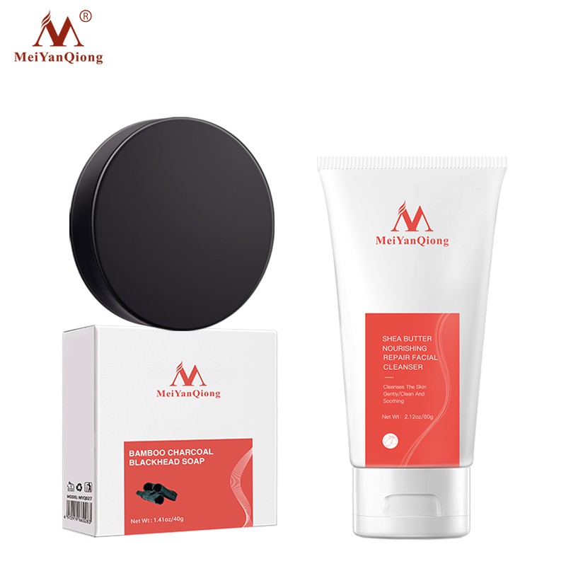 Face Set：MeiYanQiong Charcoal Blackhead  serum Control Handmade Soap + Facial Cleanser 40g+60g