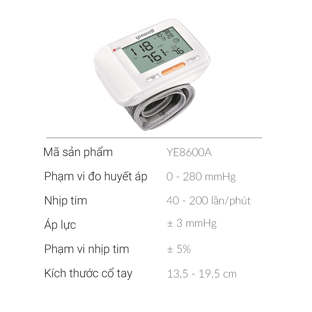 Máy đo huyết áp cổ tay YUWELL YE8600A lưu 60 kết quả đo - Nhập khẩu chính hãng - Bảo hành 5 năm