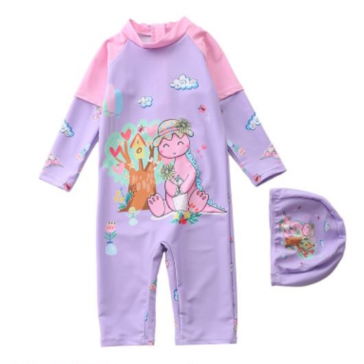 Bộ đồ bơi liền thân tay dài quần lửng chống nắng khủng long có vây bé trai và gái di biển đi bơi