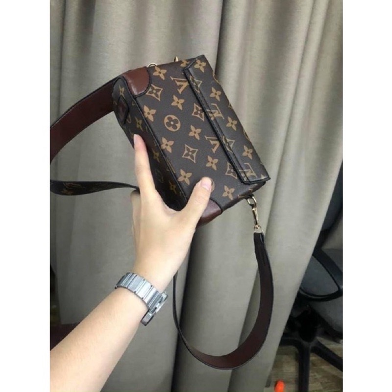 Túi Đeo Chéo Nữ Hoạ Tiết Hoa Nâu, Túi Nữ Đeo Vai Dáng Hộp Bản 2 Dây