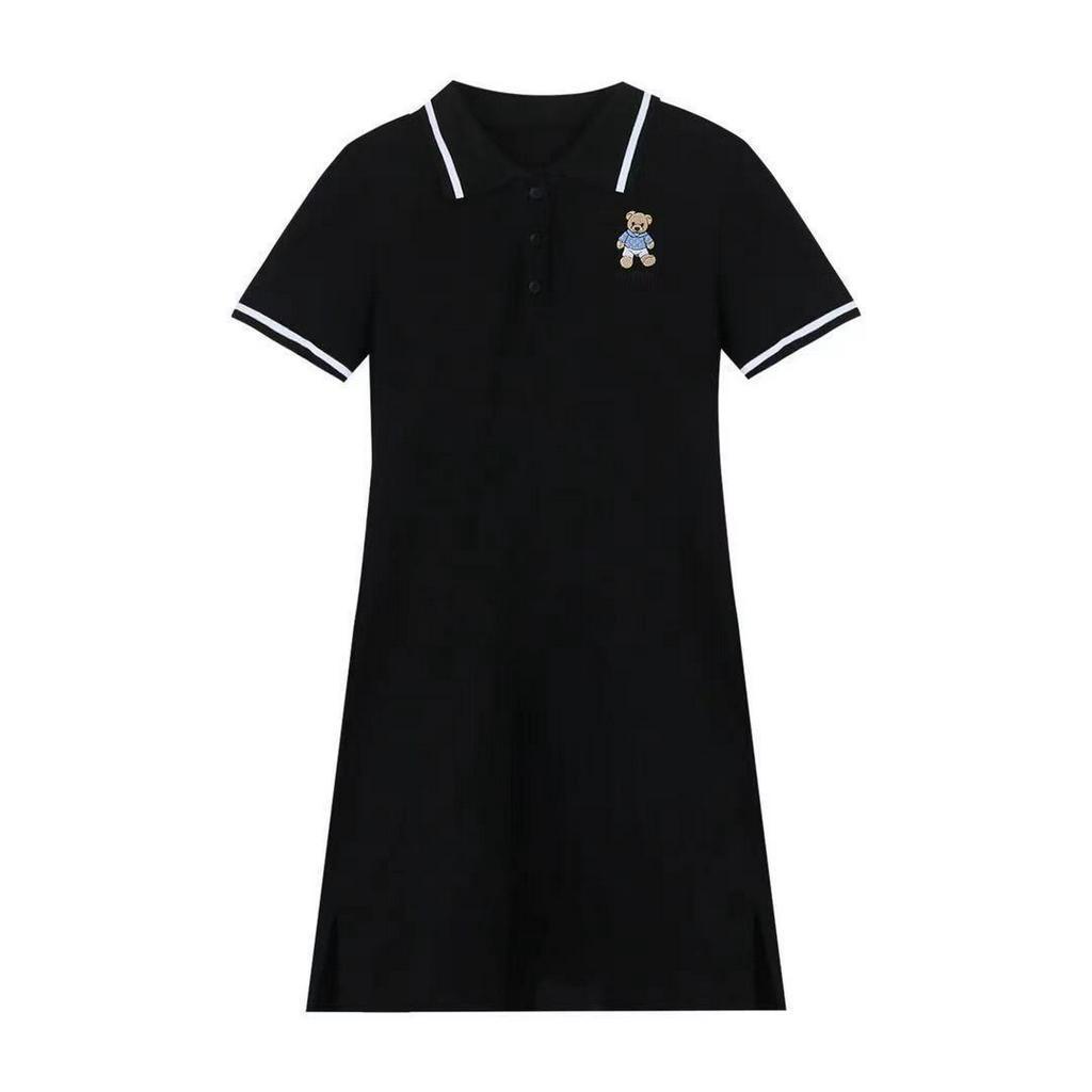 Đầm Thun Polo Tay Ngắn Màu Trơn In Hình Gấu Dễ Thương Thời Trang 2021 Cho Nữ