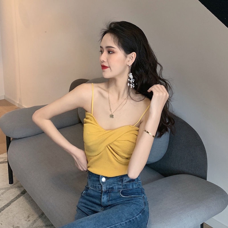 Jiashucheng Áo Dệt Kim Hai Dây Dáng Ngắn Ôm Sát Mùa Xuân Hè Tươi Tắn Nhỏ Nhắn Phong Cách Retro Cho Nữ