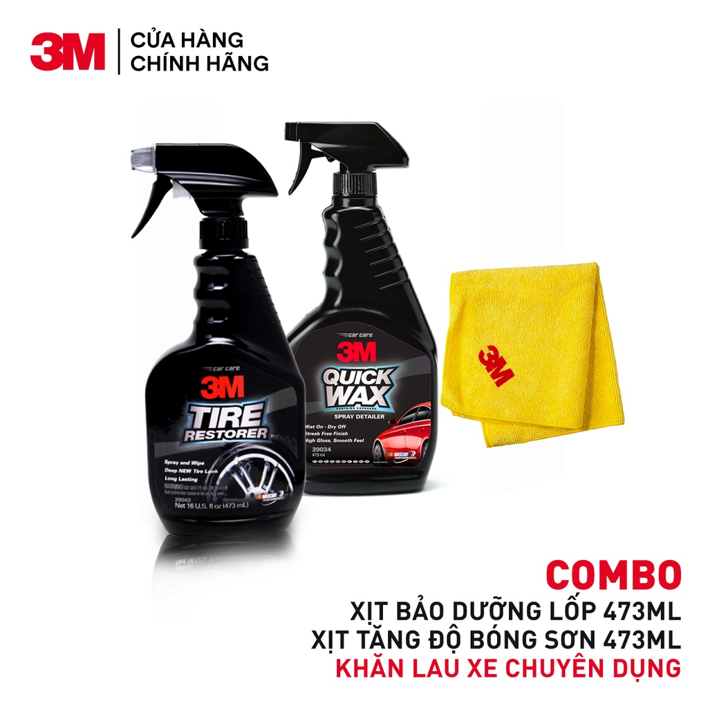 Combo Chai Xịt Bảo Dưỡng Và Bóng Lốp Xe + Chai Xịt Tăng Độ Bóng Sơn+ Khăn Lau Xe Chuyên Dụng 3M