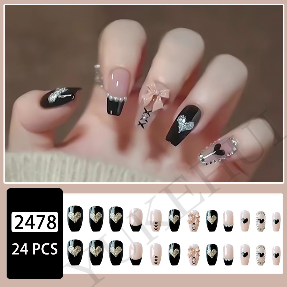 2478 hoa trà trắng bộ móng tay giả set móng giả trong suốt móng tay giả đính nơ móng tay giả dài vuông set 24 móng tay giả  móng giả thiết kế