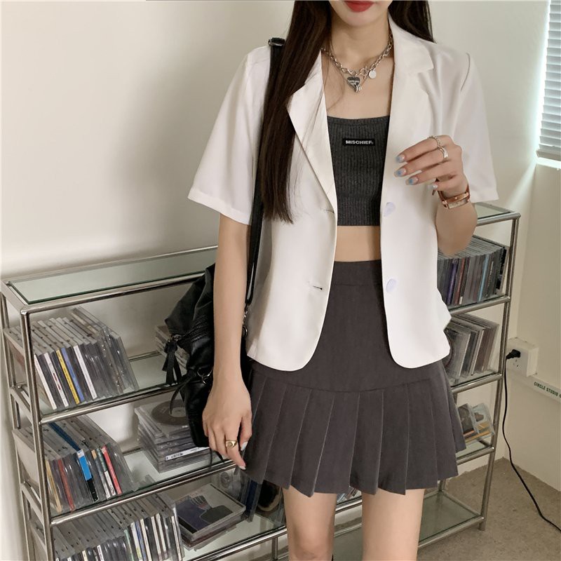 Áo blazer cộc tay croptop màu trơn 2 cúc, áo khoác vest dáng ngắn phong cách Hàn Quốc