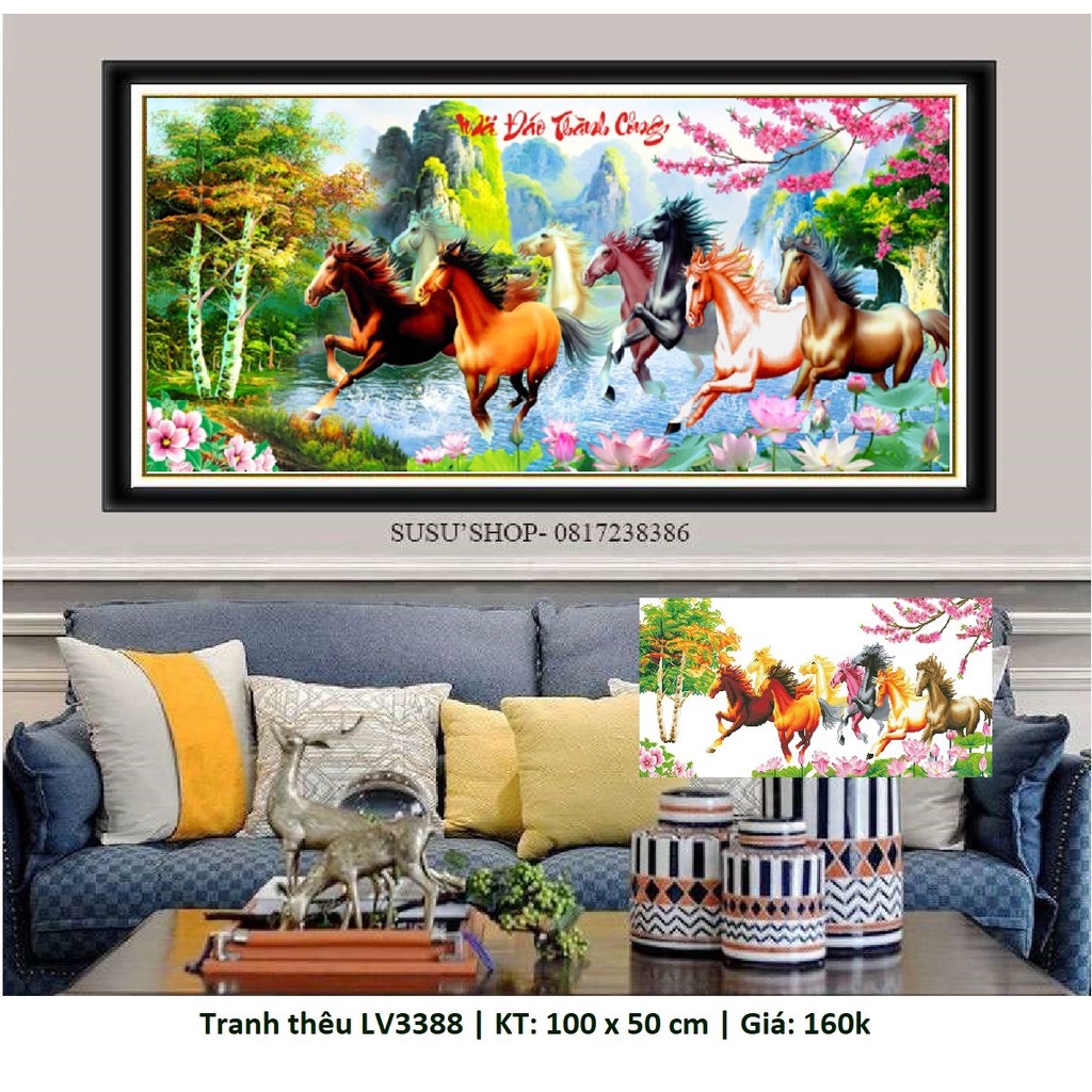 Tranh thêu chữ thập ( giá sỉ) thêu kín bát mã mã đáo thành công MN0102 (200x90cm) MN0101 (150*70cm), MN0016 (150x60cm)