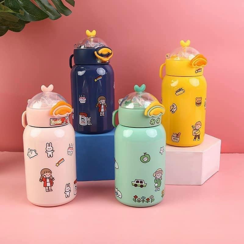 Bình Nước Giữ Nhiệt 2 Lớp 420ml - Lõi Inox - Mẫu Hình Vịt Dễ Thương Cute - Chất Liệu An Toàn