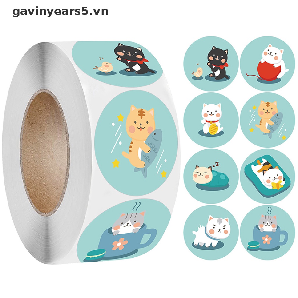 Set 500 Miếng Dán Niêm Phong Bao Bì Họa Tiết Chú Mèo Hoạt Hình / Chữ Thank You Dễ Thương