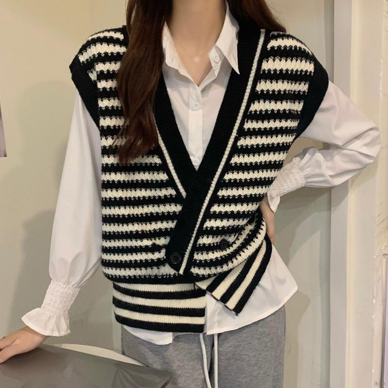 Áo len không tay họa tiết kẻ sọc phong cách retro Hàn Quốc cho nữ