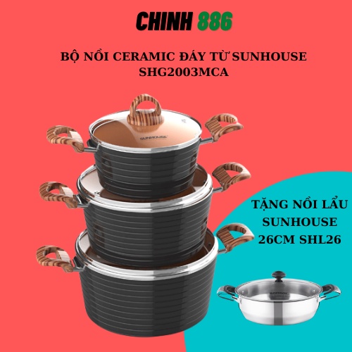 Bộ 03 nồi 18,20,24cm Ceramic Đáy Từ SUNHOUSE 2003MCA + Tặng đánh trứng bằng tay