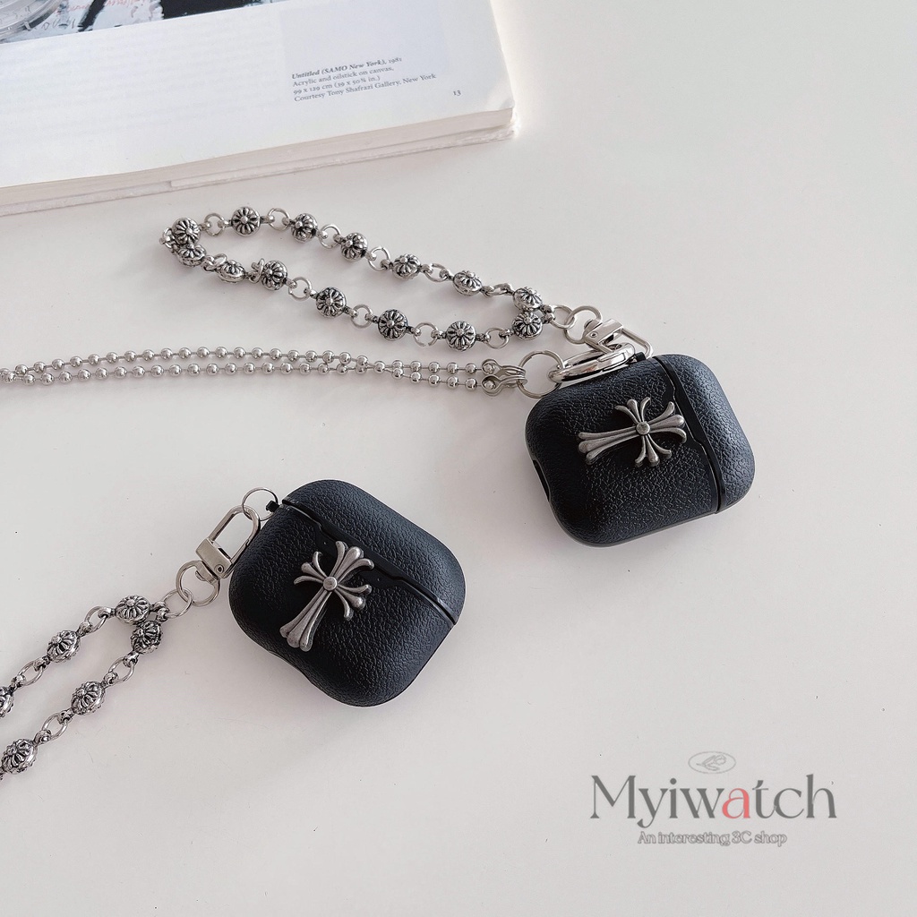 Vỏ Bảo Vệ Hộp Sạc Tai Nghe bluetooth Không Dây Airpods 1 2 3 pro Bằng Da Handmade Họa Tiết Thánh Giá Bằng Kim Loại