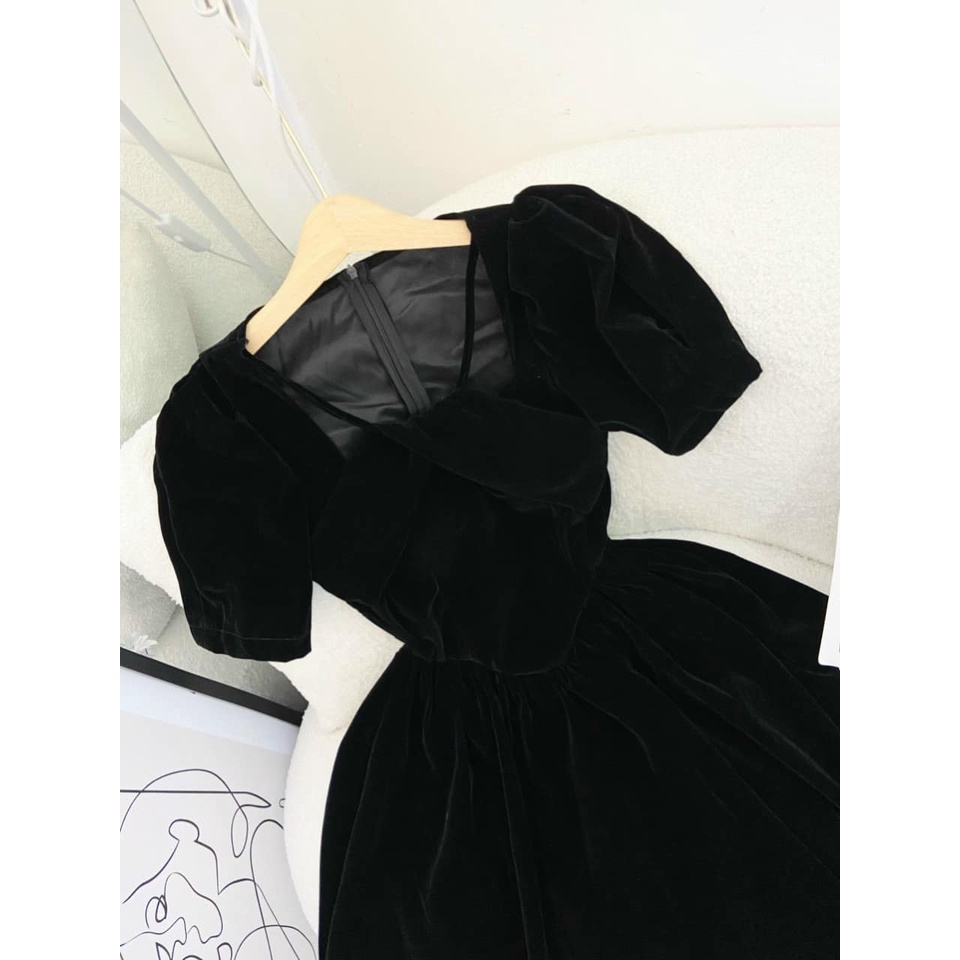 Đầm nhung xoắn cổ yếm tay phồng màu đỏ/đen NÀNG CLOSET
