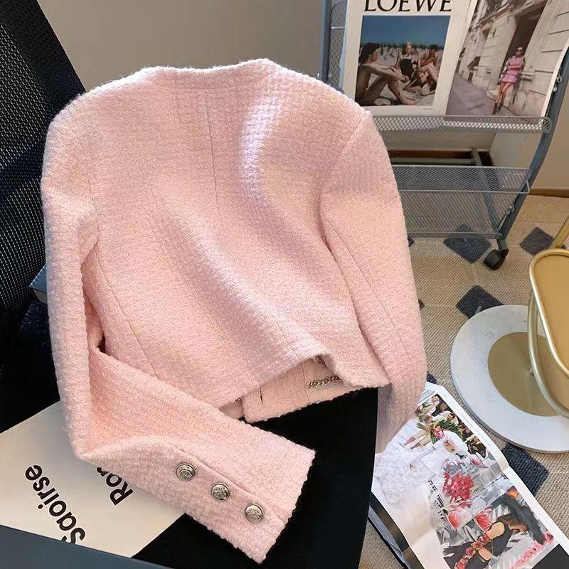 Áo Dạ Tweed Dáng Ngắn Tay Dài Khoác Ngoài Màu Hồng Cao Cấp Sang Chảnh Kiểu Hàn Quốc Thu Đông Thời Trang Nữ AD055