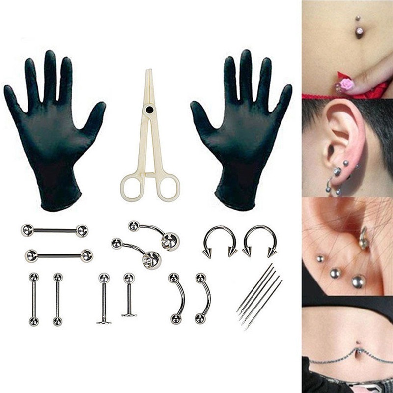 1 Bộ Dụng Cụ Xỏ Khuyên Cơ Thể (1 Đôi Găng Tay + 1 Kéo + 6 Cặp Trang Sức + 5 Kim)