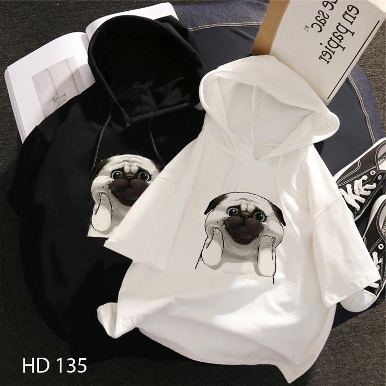 Áo Hoodie Nón Chui Trùm Đầu Nữ Chất Vải Thun Cotton Cộc Tay, Cún Dễ Thương WAH368CTTR