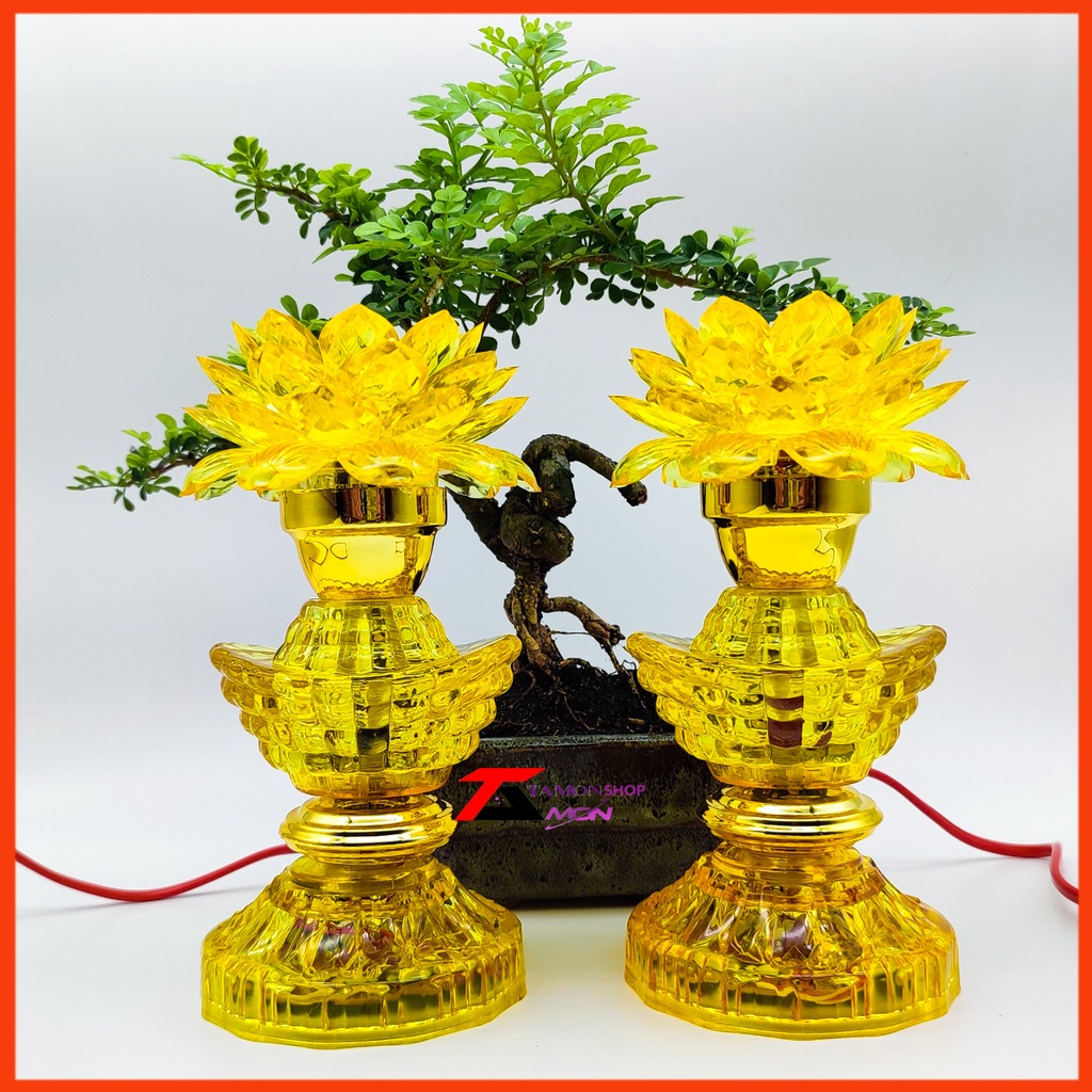 CẶP ĐÈN HOA SEN THÂN THỎI VÀNG, ĐÈN LED SÁNG MÀU VÀNG GOLD, ĐÈN SEN QUAN ÂM, ĐÈN SEN TƯỢNG PHẬT,