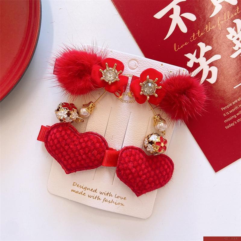 Set 4 kẹp tóc tua rua màu đỏ may mắn dành cho bé