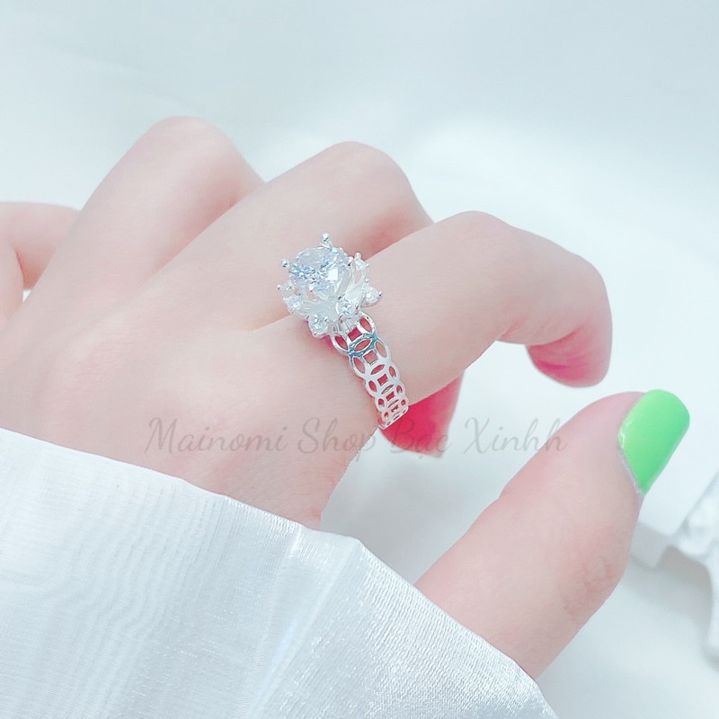 Nhẫn nữ bạc ta đài hoa cao viền kim tiền tinh tế sang xịn MAINOMI mã tặng kèm quà tặng