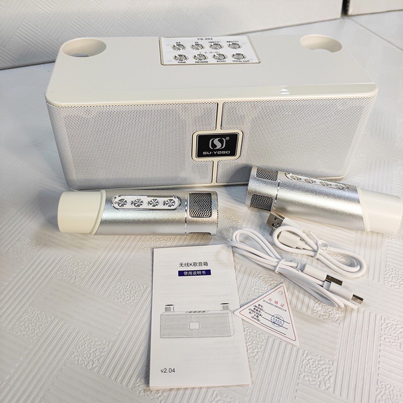 Loa bluetooth karaoke SuYosd YS 204 kèm 2 micro không dây âm thanh to rõ mic bắt hát nhẹ phù hợp cho du lịch, giảng dạy.