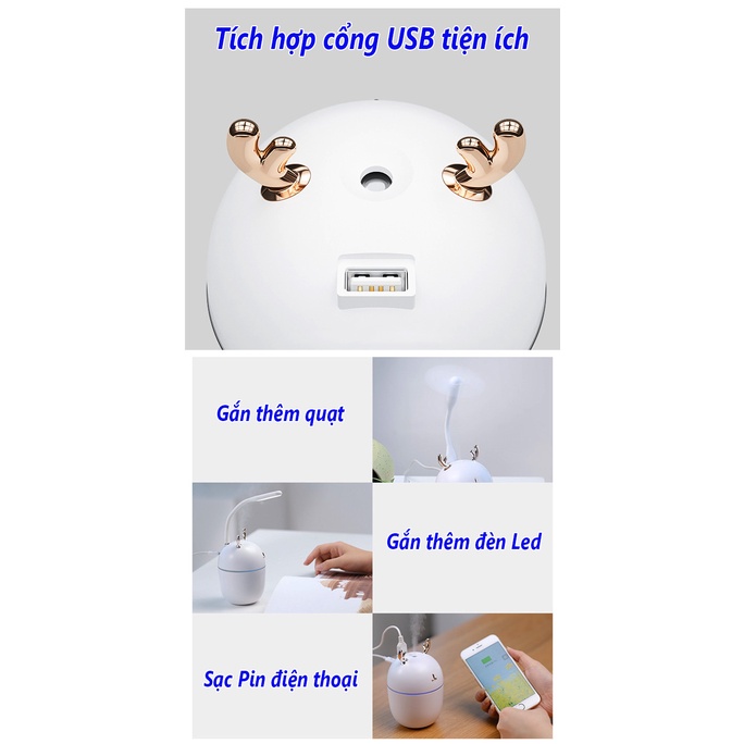 Máy Phun Sương Tạo Ẩm, Dung Tích 300ml, Tích Hợp Cổng USB Gắn Đèn, Gắn Quạt Tán Sương, Có Đèn Led