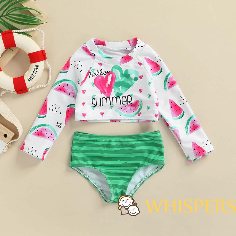 Bộ Đồ Bơi Hai Mảnh Áo Tay Dài In Hình Dưa Hấu + Quần Kẻ Sọc Dễ Thương Dành Cho Bé Gái
