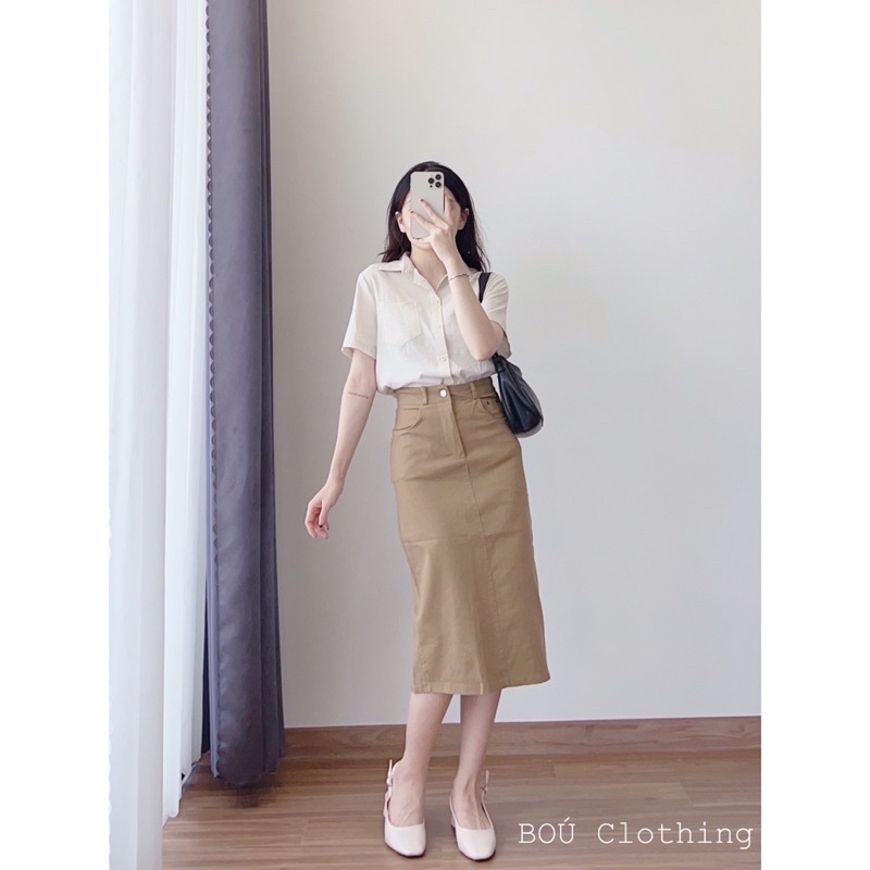 Chân váy kaki dáng dài xẻ sau dành cho nữ