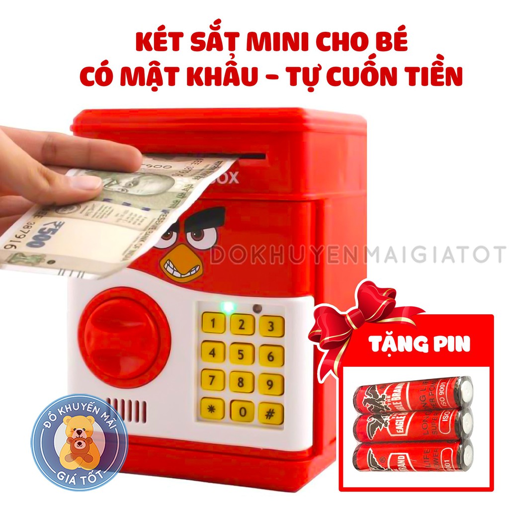 Két sắt mini thông minh / ống heo cho bé có mật mã hình chú chim giận dữ màu đỏ tặng kèm 3 viên pin AA