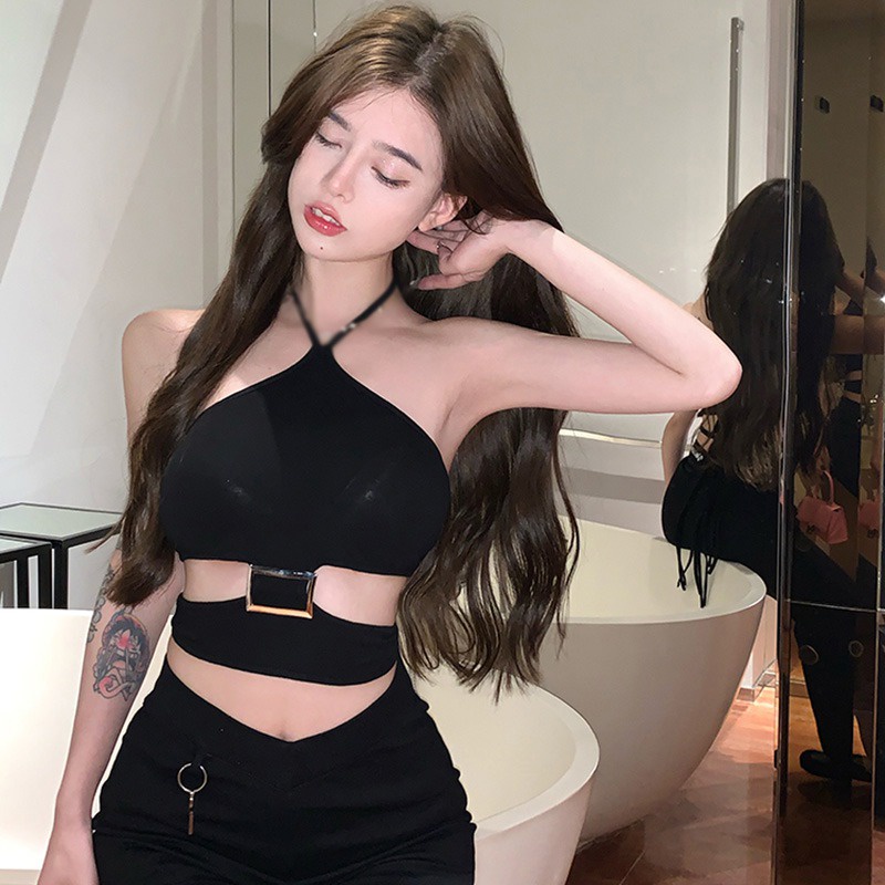 Áo Hai Dây Cổ Yếm Phối Khóa Kim Loại Dáng Ôm Quyến Rũ Cho Nữ